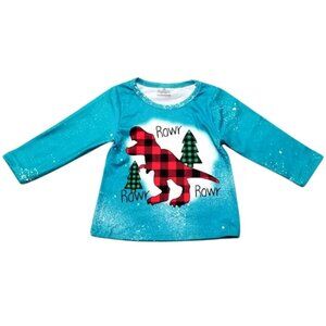 RAWR! Plaid Dino Teal Long Sleeved Shirt Unisex XS 18-24 Months